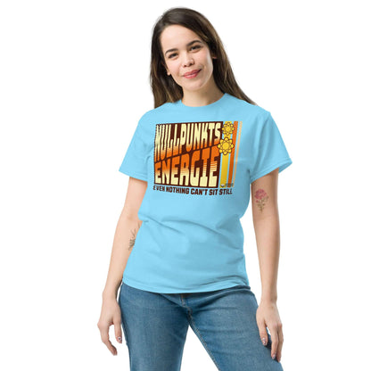 "Woman wearing a Nullpunktsenergie T-shirt with retro 70s typography and atomic design, celebrating zero-point energy."