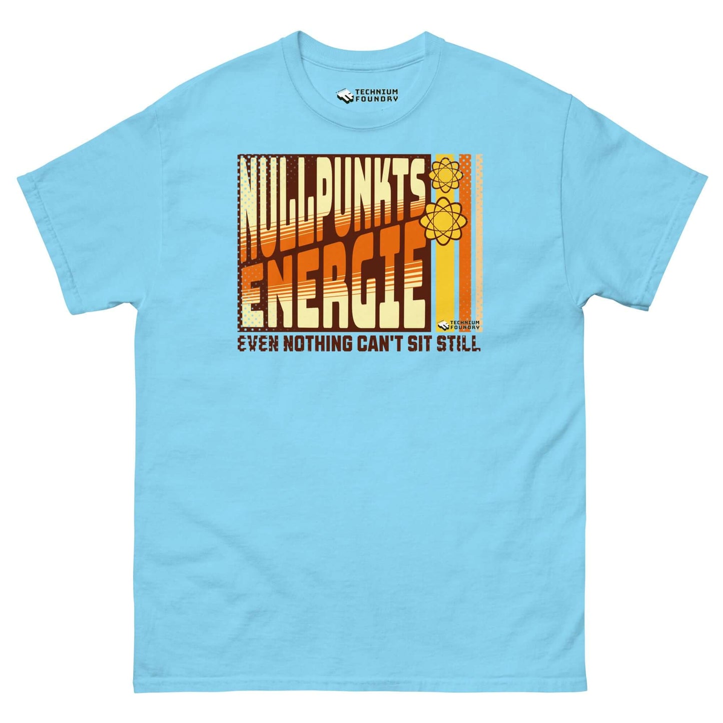 Light blue T-shirt with retro "Nullpunktsenergie" design, featuring 70s-inspired typography and atomic elements celebrating quantum physics.