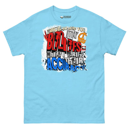 Blue t-shirt with bold design featuring "BELIEFS" in red, showcasing a mix of typography and humor by Technium Foundry.