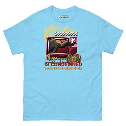 Blue T-shirt featuring an existential crow and retro TV design with text "Man is Condemned to be Free" by Technium Foundry.