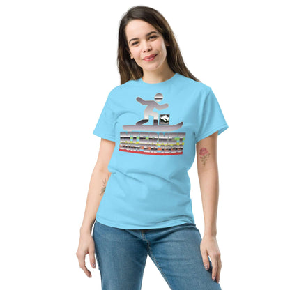 Woman wearing Internet Surfer 1999 T-Shirt with digital wave design from Technium Foundry.