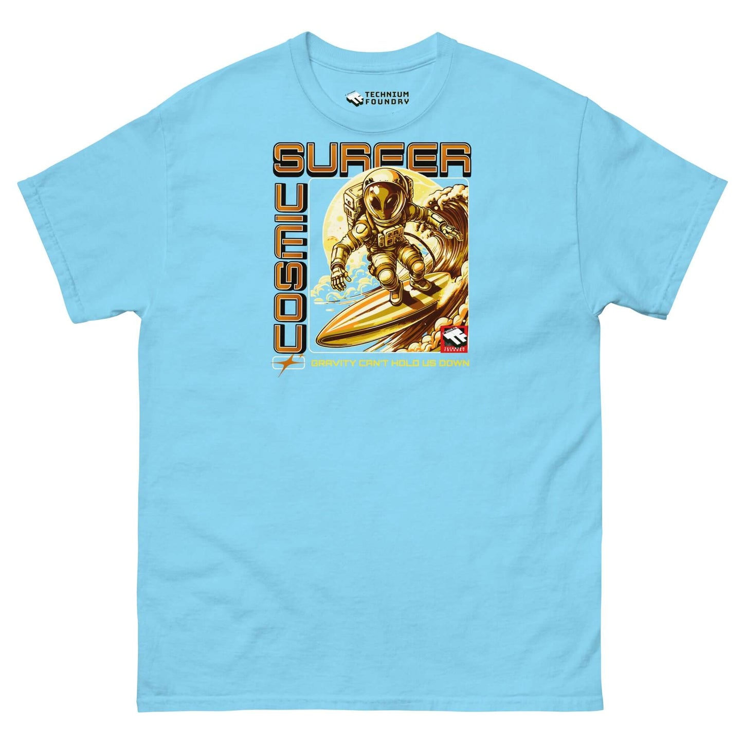 Light blue Cosmic Surfer T-Shirt featuring an astronaut surfing in space, designed in retro-tech gold tones by Technium Foundry.