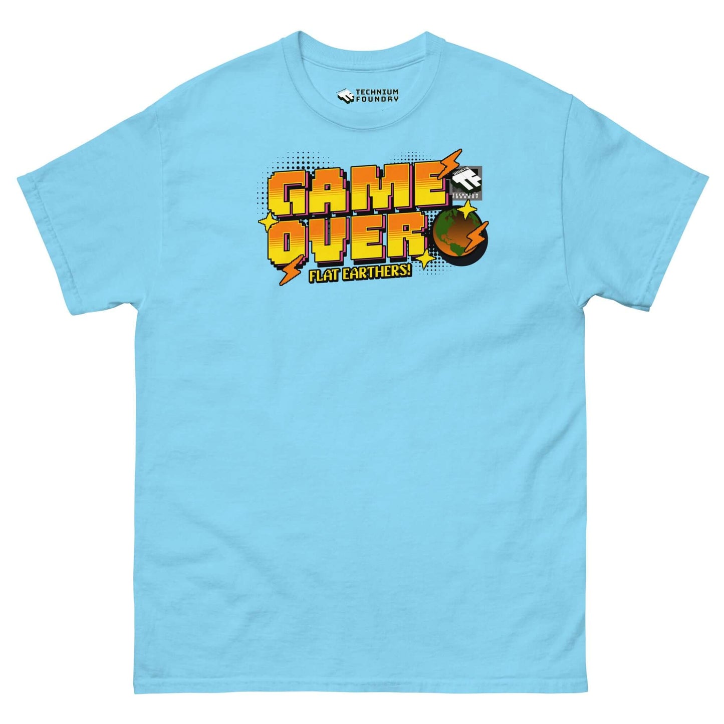 Blue t-shirt with "Game Over, Flat Earthers!" design in 16-bit style, featuring pixelated round Earth by Technium Foundry.