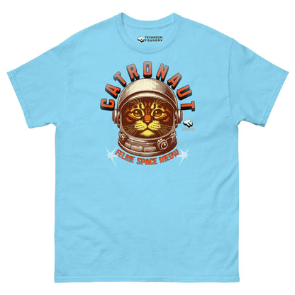 Light blue Catronaut T-shirt featuring a cat in a space helmet, Feline Space Medal design by Technium Foundry.