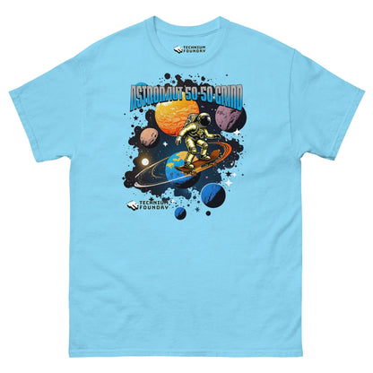 Blue T-shirt featuring an astronaut skateboarding in space with colorful planets and the text "Astronaut 50-50 Grind."