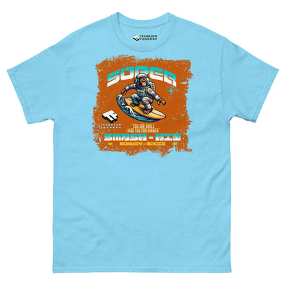 Retro Super Smash & Click T-Shirt featuring an astronaut skateboarding in cyberspace by Technium Foundry on blue fabric.