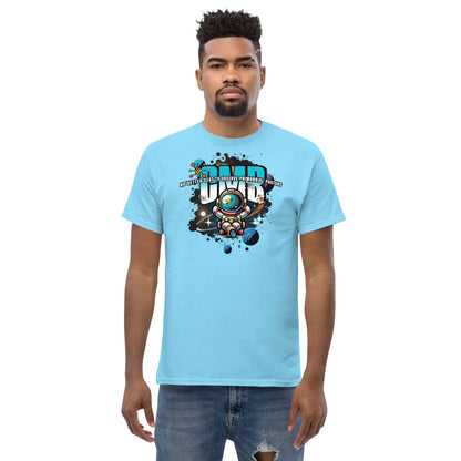 Astronaut science t-shirt with whimsical space design, featuring graffiti-style "Primordial Photons" text and planets on a bright blue fabric.