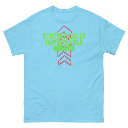 Statistically Improbable Human t-shirt with green text and red arrows on a blue background, science and math geek tee design.