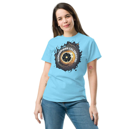 Woman wearing blue Quantum Physics T-Shirt with "Randomness Calibrated" atom design, blending science and fashion.