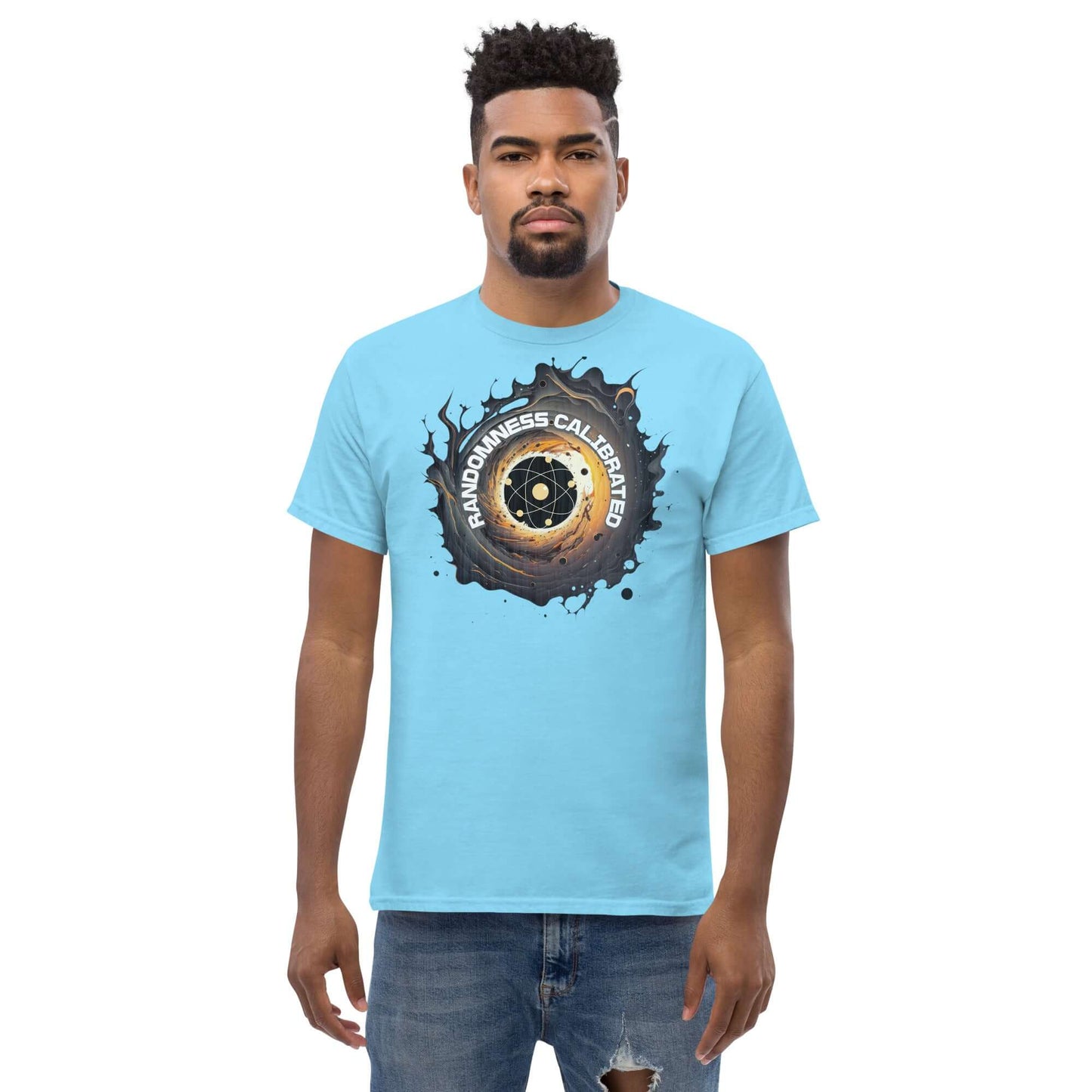 Quantum Physics T-Shirt with Randomness Calibrated atom design in blue, featuring a spiraling atomic symbol and vortex.