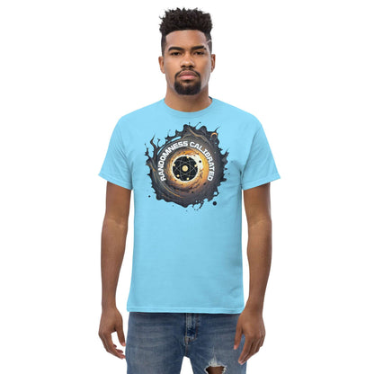 Quantum Physics T-Shirt with Randomness Calibrated atom design in blue, featuring a spiraling atomic symbol and vortex.