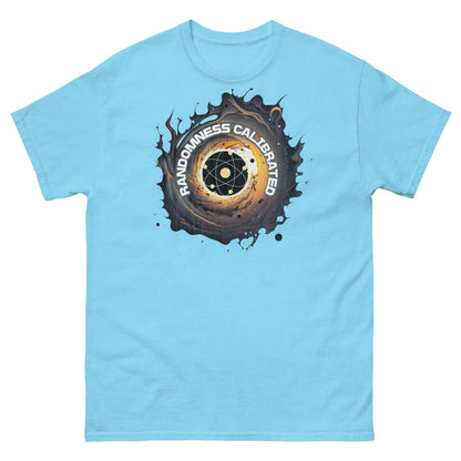 Blue T-shirt with spiraling atomic symbol and "RANDOMNESS CALIBRATED" text in whimsical design, inspired by quantum physics.