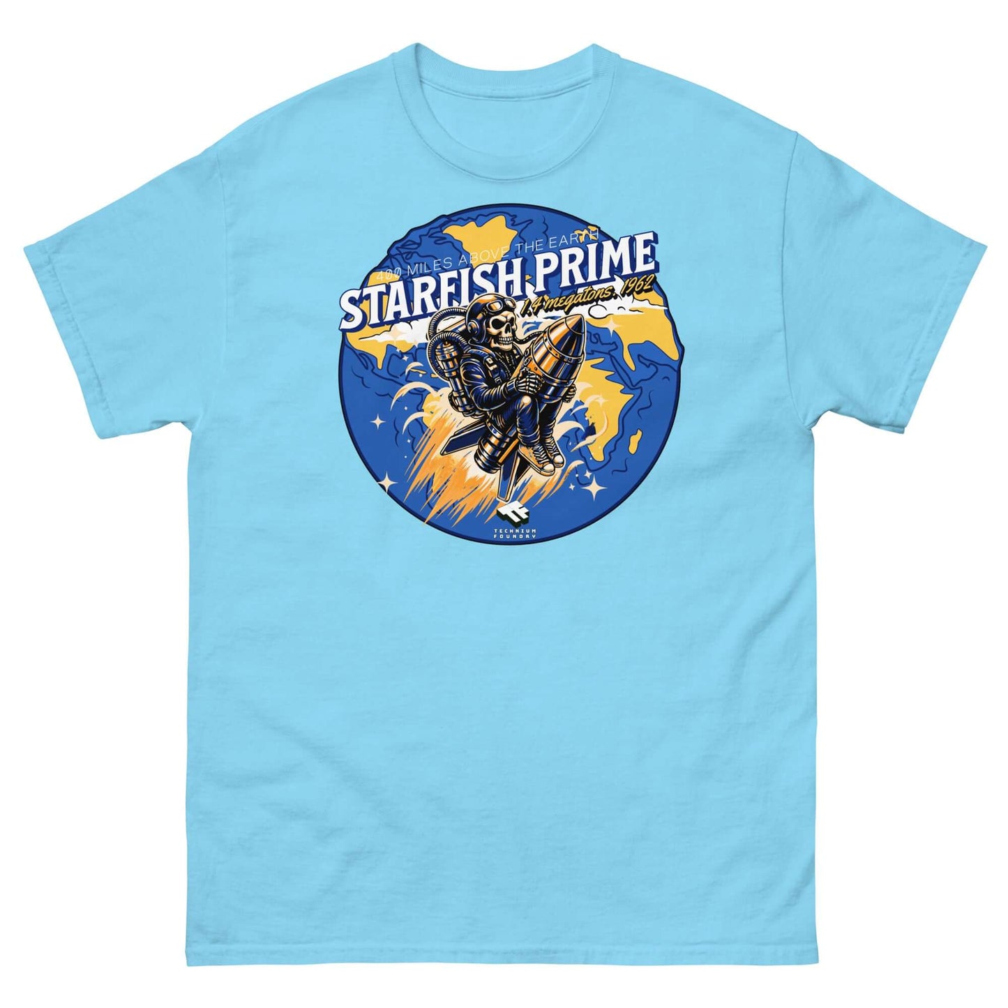 Retro Starfish Prime T-shirt with space-suited figure on a nuclear warhead, commemorating 1962 Operation Starfish Prime nuclear test.