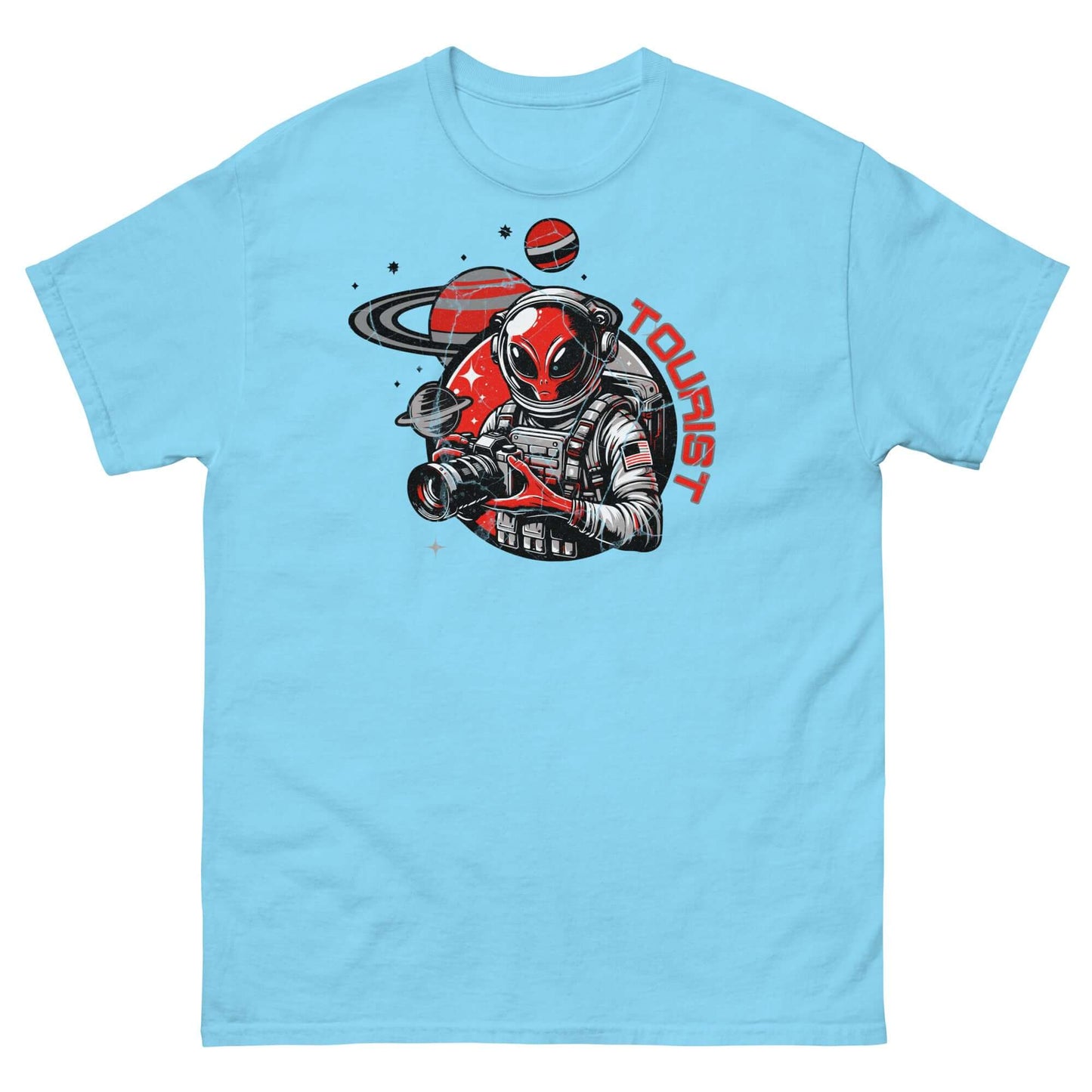 Alien in space suit taking photos at Saturn's rings on Space Tourist T-Shirt, Red Planet Explorer Tee design.