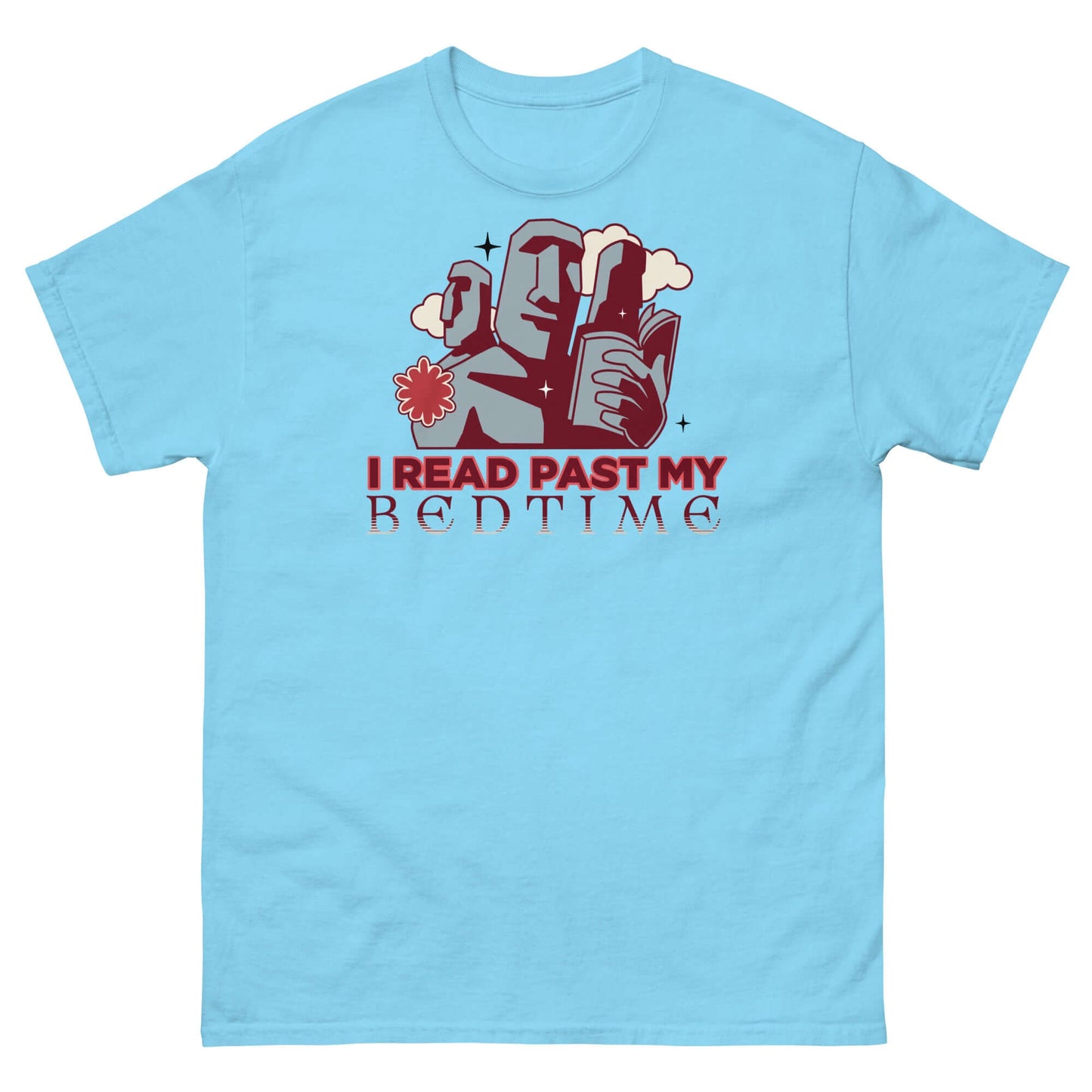 Blue T-shirt with Easter Island moai library design and text "I Read Past My Bedtime" in dusky rose and gray colors.