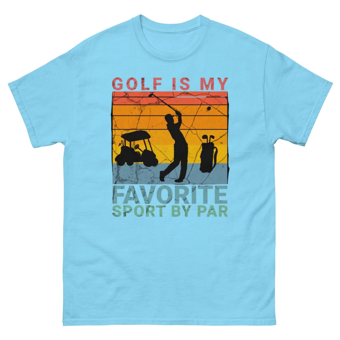 Golf Pun T-Shirt with retro sunset design, featuring silhouetted golfer, cart, and bag against vintage-style stripes in sunset gradient.