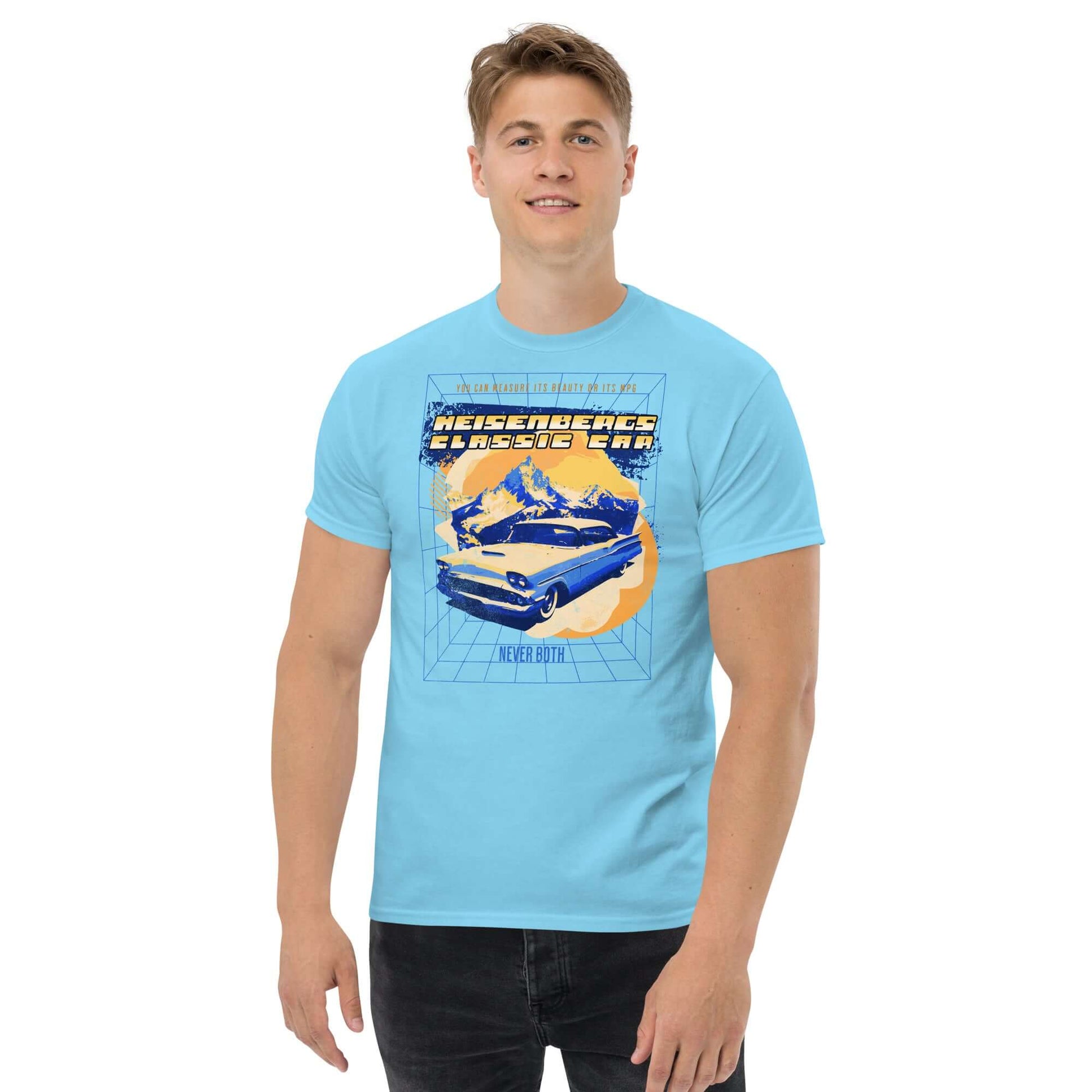 Man wearing Heisenberg's Classic Car T-Shirt featuring '58 Impala and quantum mechanics theme, light blue color.