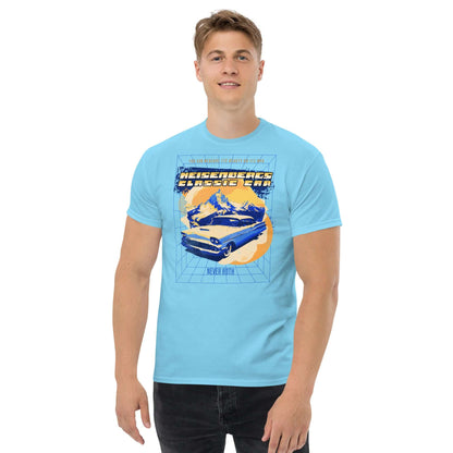 Man wearing Heisenberg's Classic Car T-Shirt featuring '58 Impala and quantum mechanics theme, light blue color.