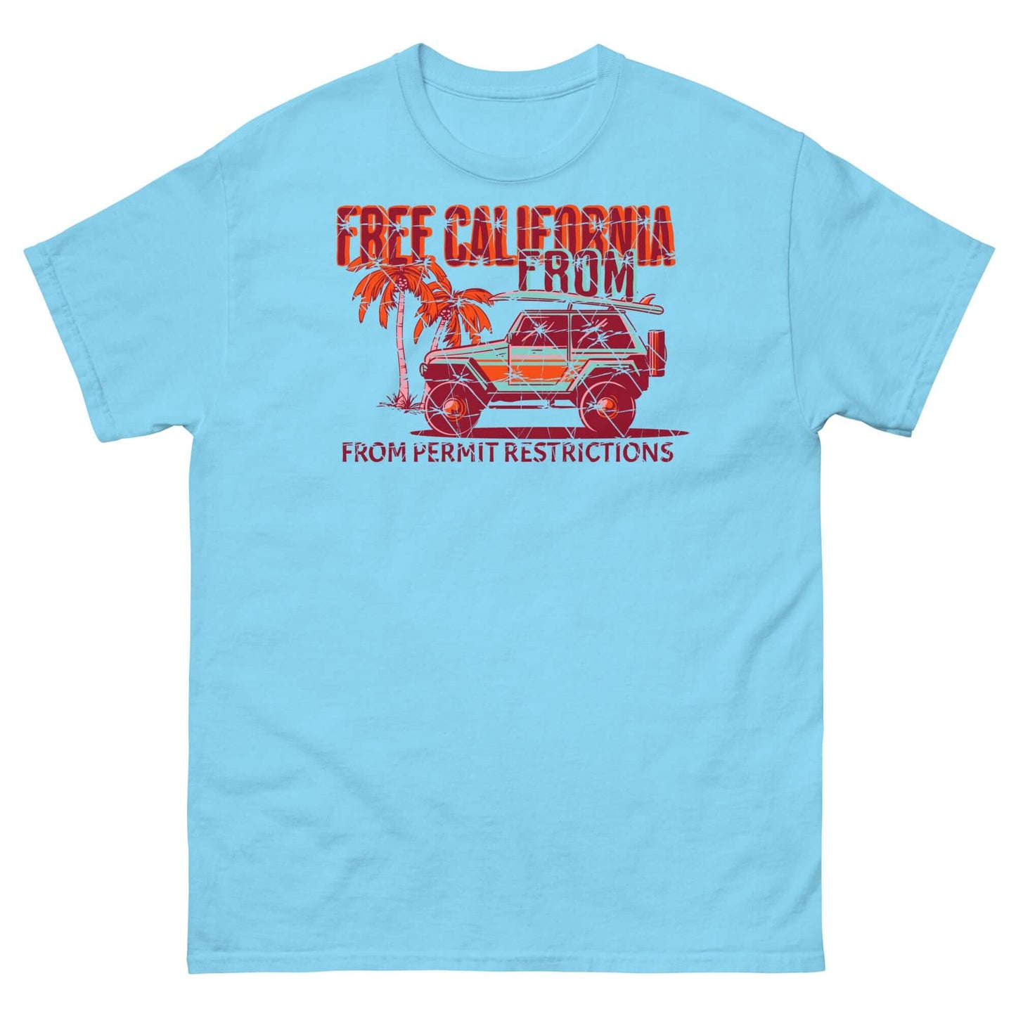 Free California Surf T-Shirt with red 4x4 and palm trees design, perfect for beach escapades; blue tee with humorous bureaucracy theme.