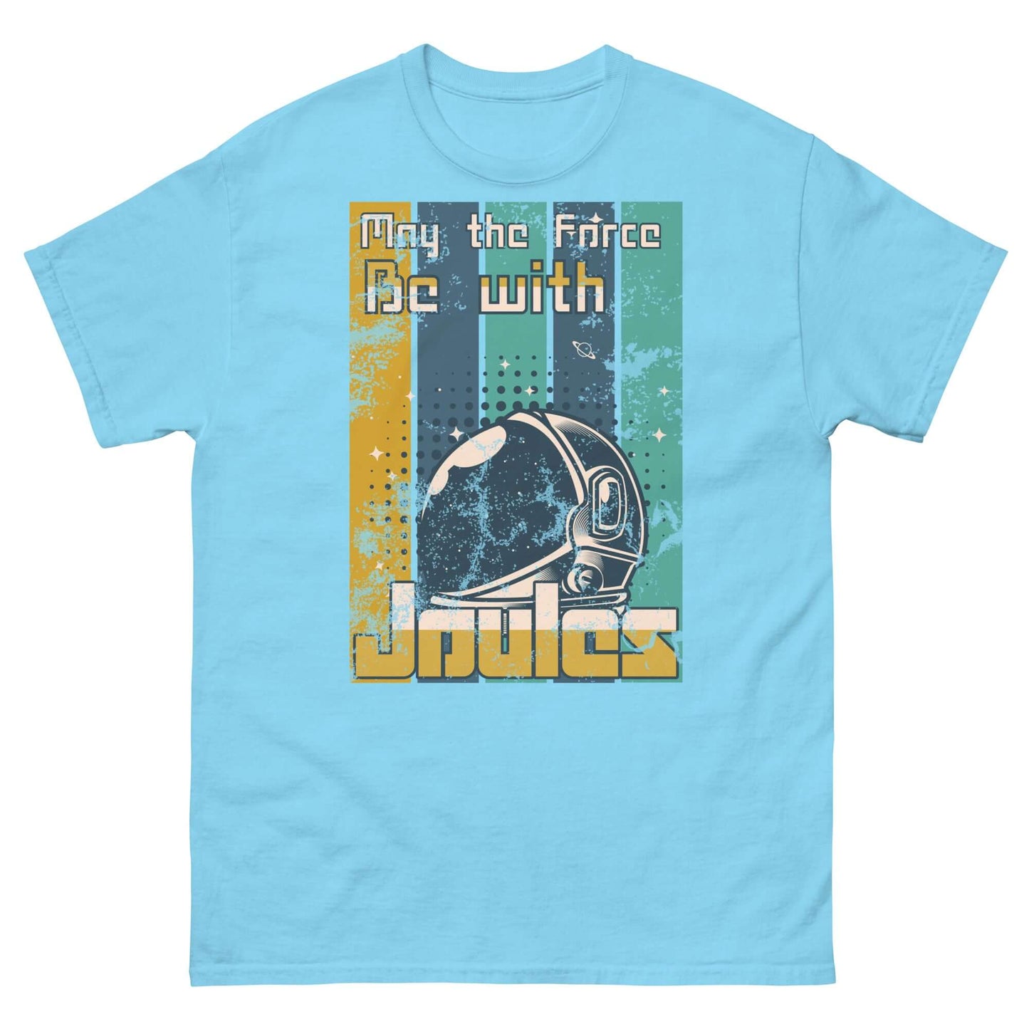 Blue Physics T-shirt with "May the Force Be with Joules" design and astronaut helmet, combining Star Wars humor and physics.