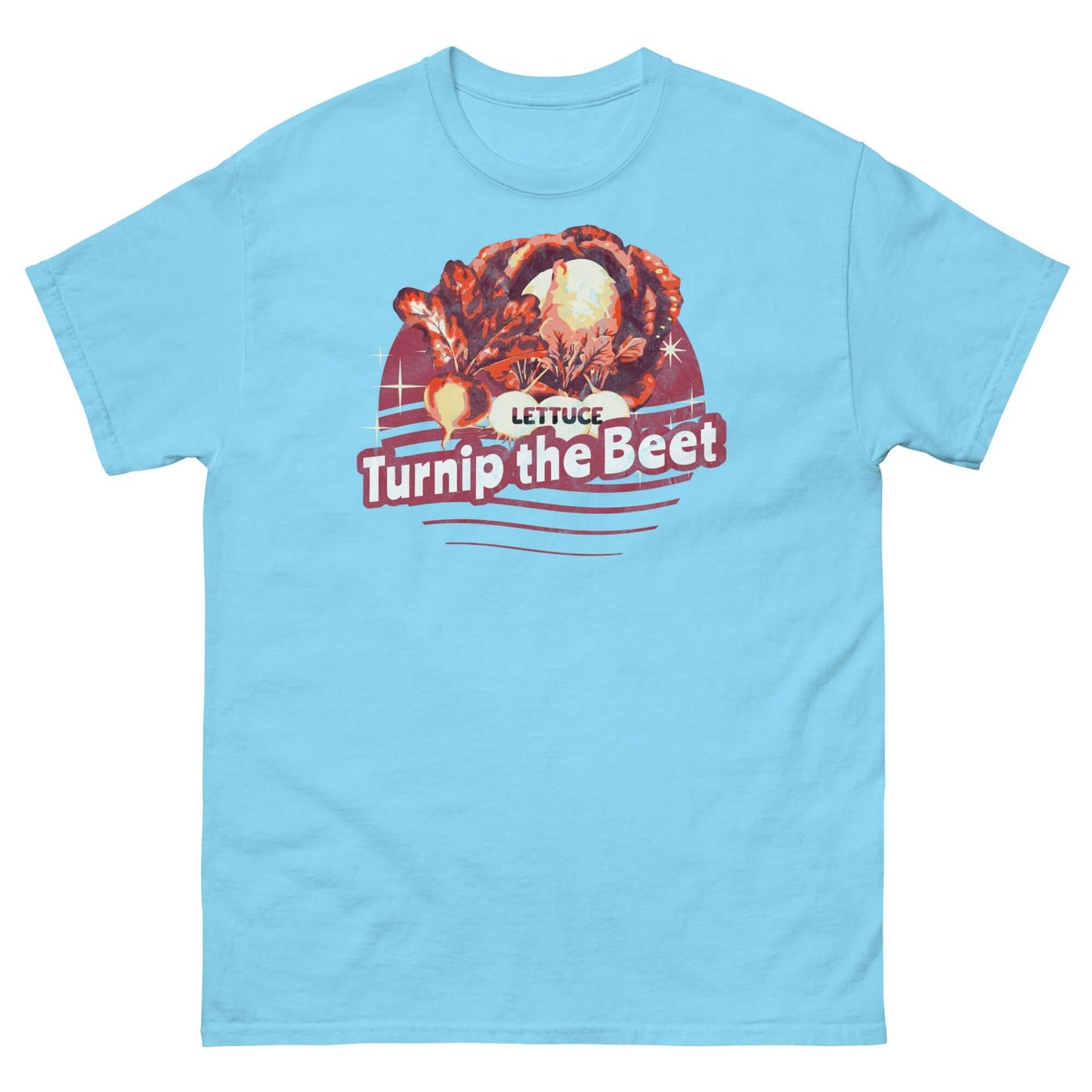 Turquoise t-shirt with "Lettuce Turnip the Beet" pun design, featuring illustrated vegetables against a vintage sunset backdrop.