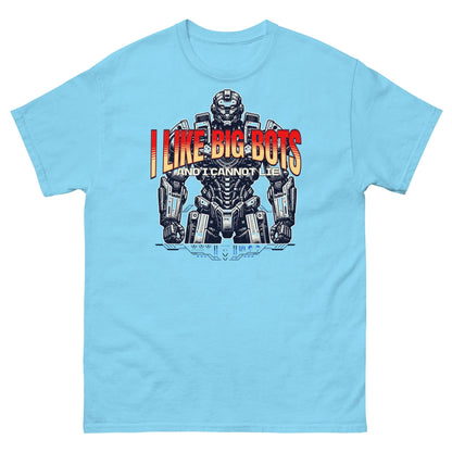 Blue t-shirt featuring 'I Like Big Bots and I Cannot Lie' with a large mech design, perfect for robot enthusiasts and mech lovers.