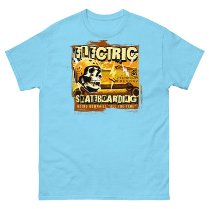 Electric skateboarding t-shirt with vintage-style skeleton design and "Safety Third!" warning, on a blue cotton shirt.