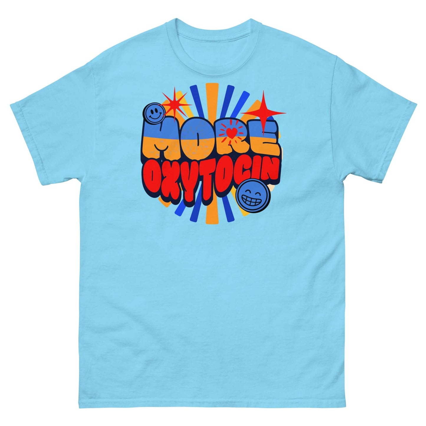 Retro-style blue t-shirt with 'More Oxytocin' design, featuring colorful bubble letters and playful emojis for a fun, whimsical look.