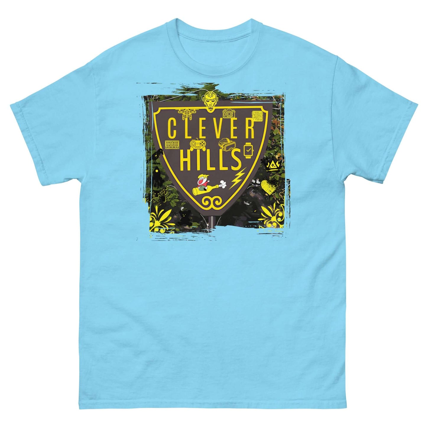 Clever Hills T-Shirt with shield design blending quantum mechanics and Beverly Hills zip codes on a light blue background.