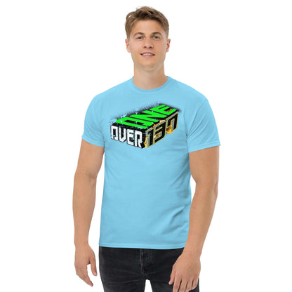 Man wearing blue 'One Over 137' t-shirt with 3D typography, celebrating the fine-structure constant in street style fashion.