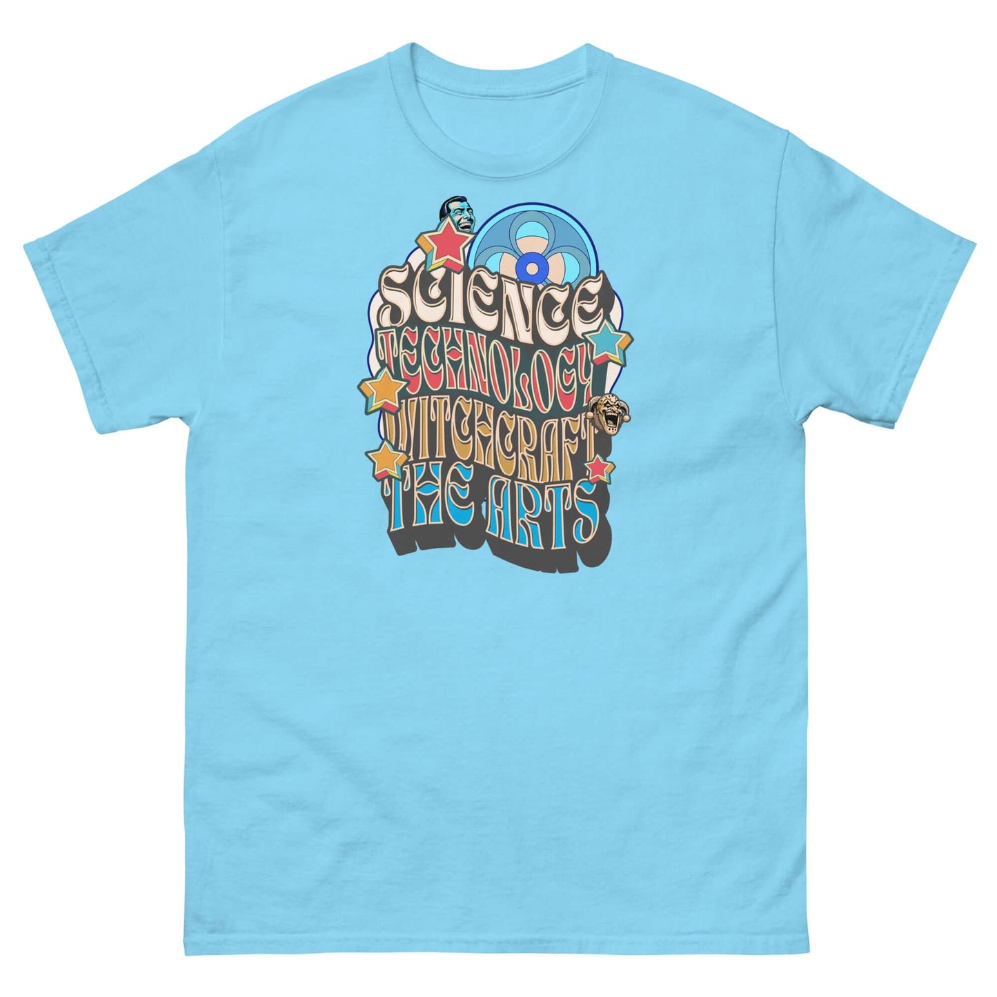 Light blue t-shirt with 'Science, Technology, Witchcraft & The Arts' psychedelic design for intellectual rebels.