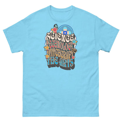 Light blue t-shirt with 'Science, Technology, Witchcraft & The Arts' psychedelic design for intellectual rebels.