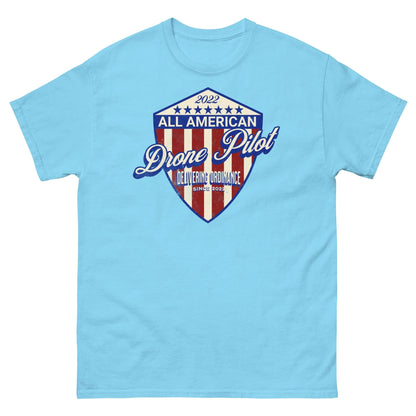 Light blue t-shirt with '2022 All American Drone Pilot' shield design, symbolizing aerial performance and patriotism.