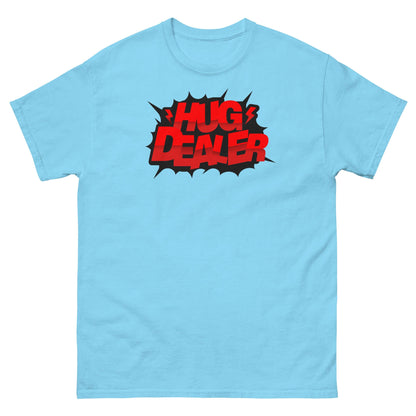 Blue 'Hug Dealer' T-shirt with comic book style design for embrace enthusiasts.