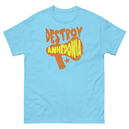 Blue "Destroy Anhedonia" T-shirt with bold graphic design promoting mental health activism.