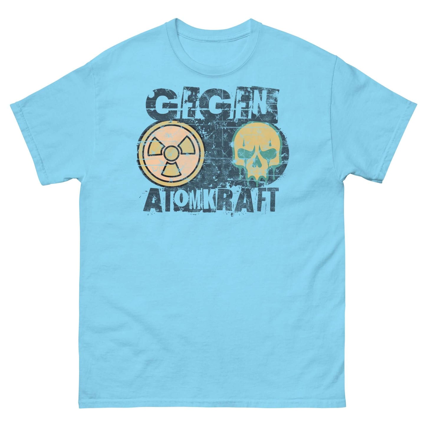 Light blue t-shirt with 'GEGEN ATOMKRAFT' design featuring a radiation symbol and melting skull, anti-nuclear protest theme.