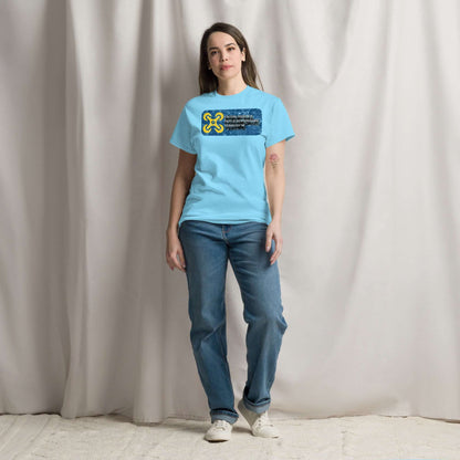 Woman wearing Ukrainian Tech Innovation T-shirt with Cyrillic drone design, blue and yellow emblem, showcasing Eastern European tech style.