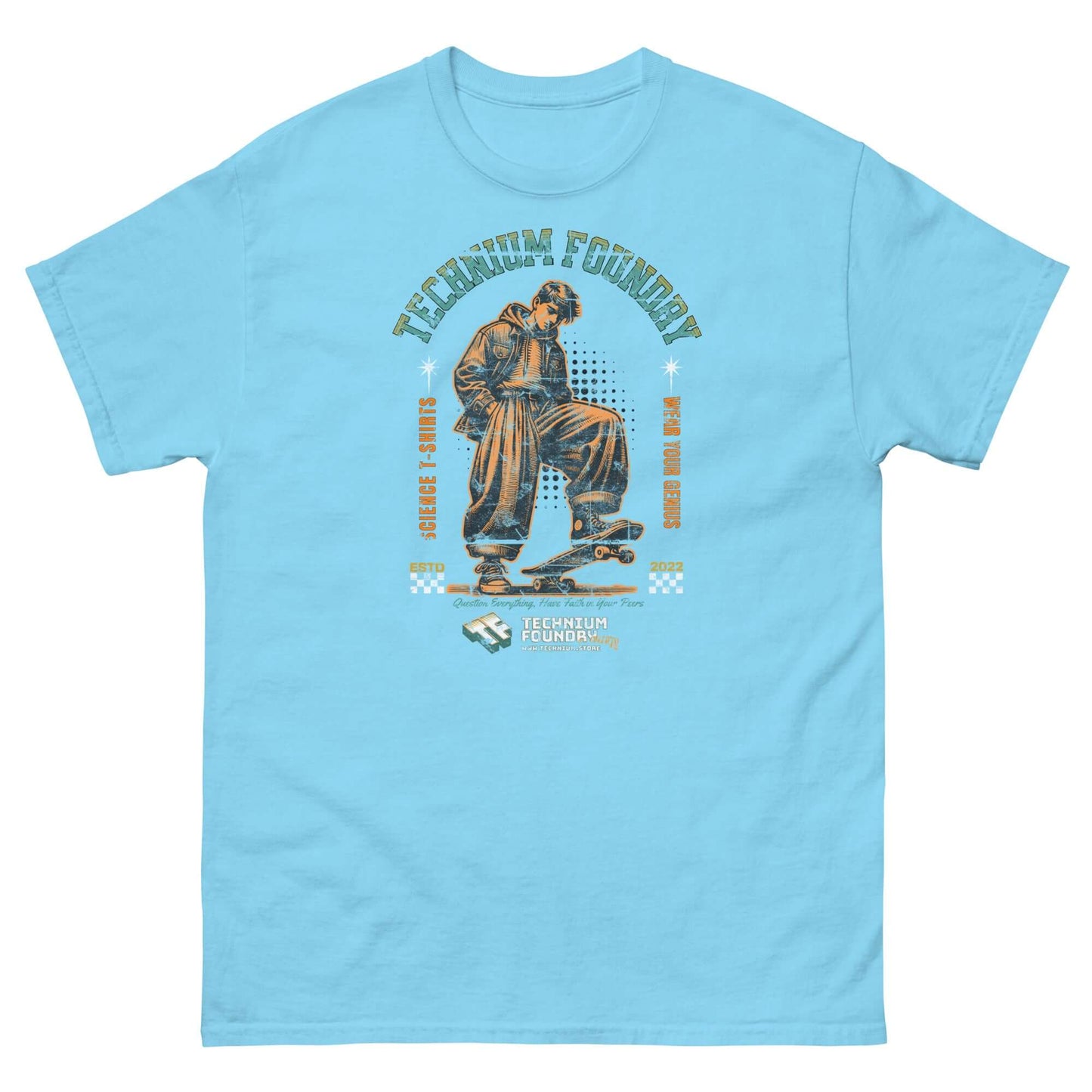 Blue "Technium Foundry" t-shirt featuring a skater scientist design, merging vintage physics with street style.