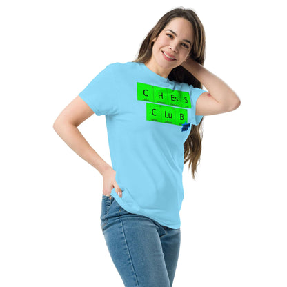 Woman wearing blue Chess Club T-shirt by Technium Foundry, featuring chemistry-inspired design, blending strategic elements.