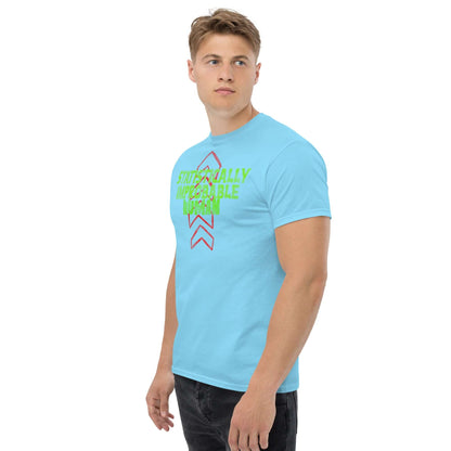 Blue t-shirt with "Statistically Improbable Human" in green text and red arrows, worn by a model, ideal for science math enthusiasts.