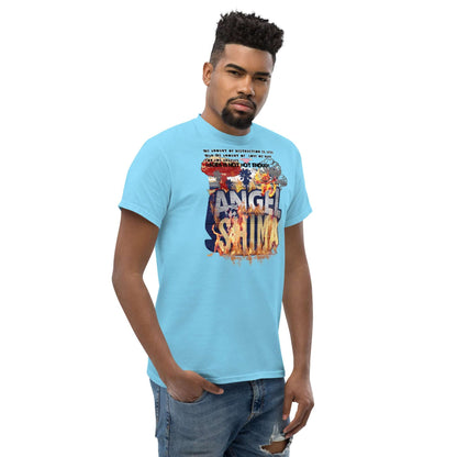 Angelshima Destruction Love T-Shirt in light blue featuring Los Angeles design, worn by a male model, highlighting city resilience.