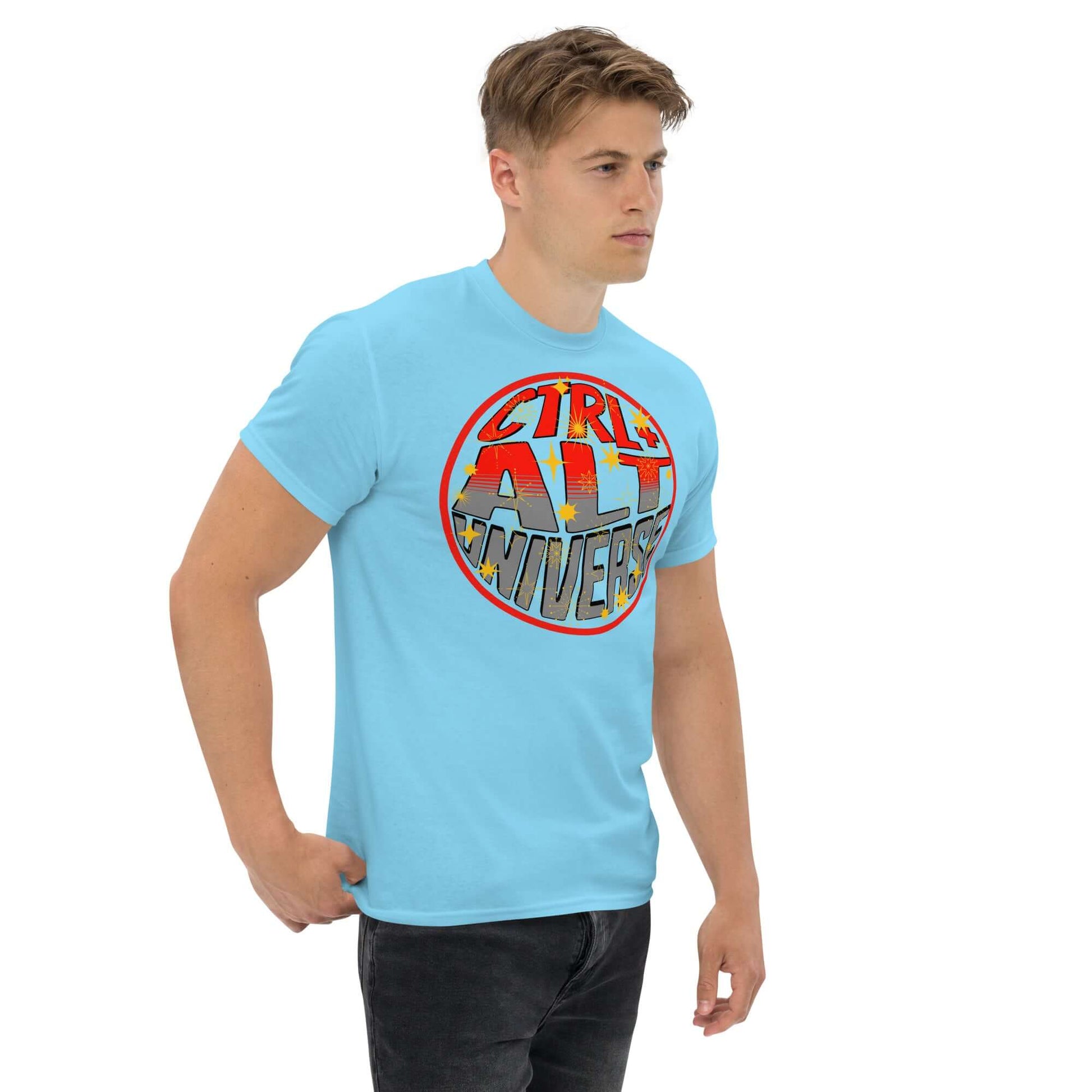 Man wearing CTRL + ALT UNIVERSE T-Shirt with cosmic design, nod to simulation theory and retro gaming, light blue color.