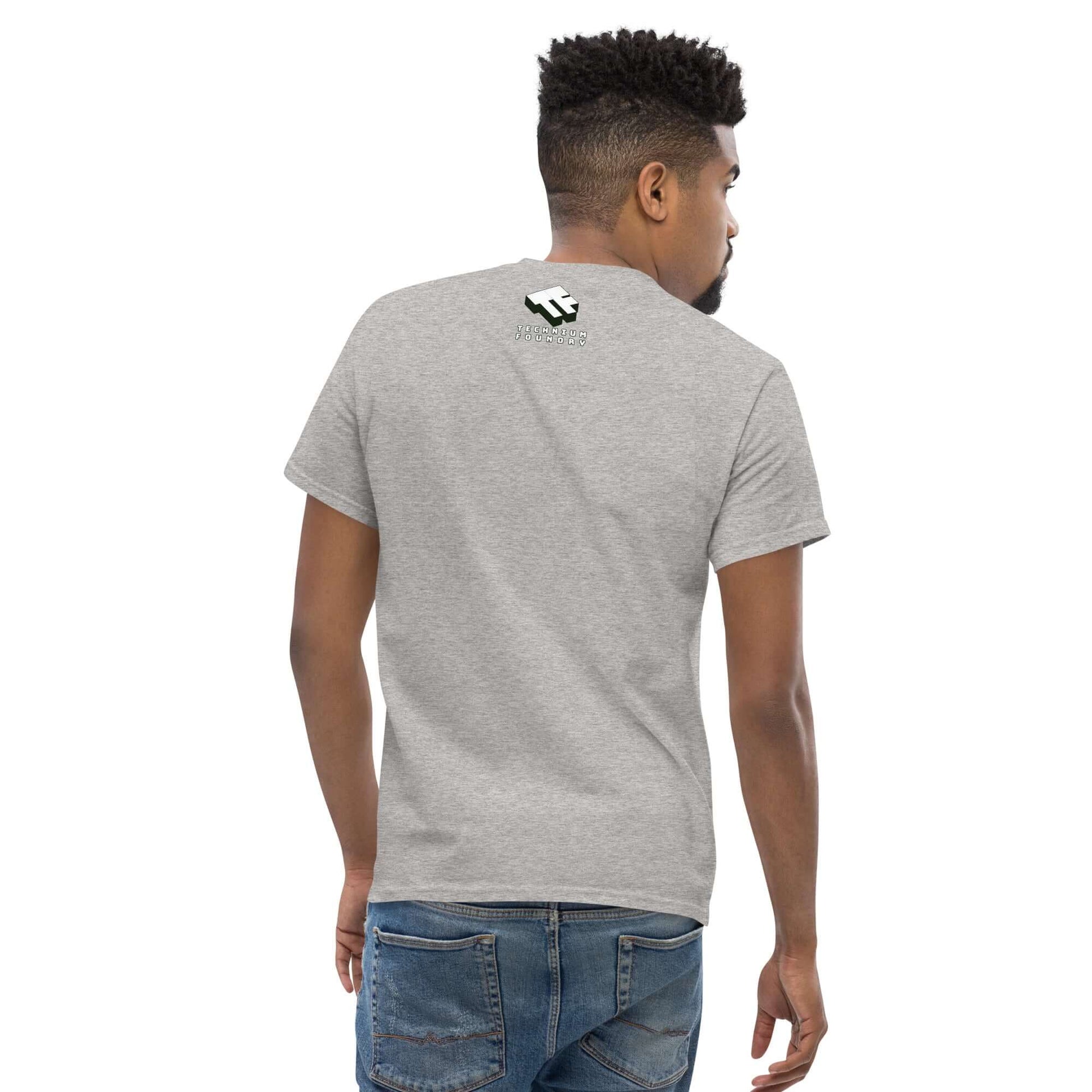 Back view of a gray Turnip The Beet T-Shirt with a small logo, worn by a person in jeans, showcasing a casual and trendy style.