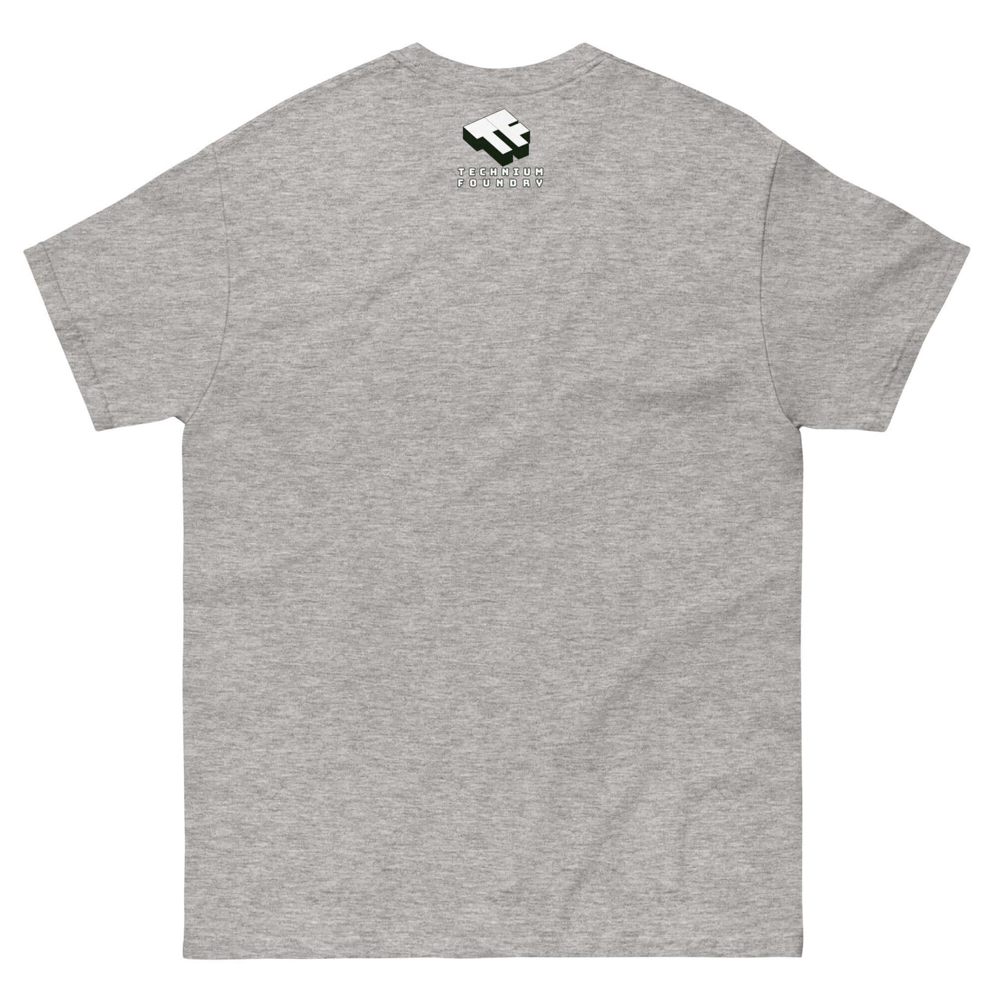 Back view of gray astronaut science t-shirt featuring a minimalist logo design.