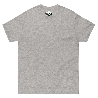 Back view of a gray Primordial Photons t-shirt, featuring a small logo near the neckline. Perfect for space enthusiasts and astronomy lovers.