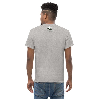 Back view of a man wearing a gray Cafe Racer Space T-Shirt with a vintage motorcycle astronaut design.