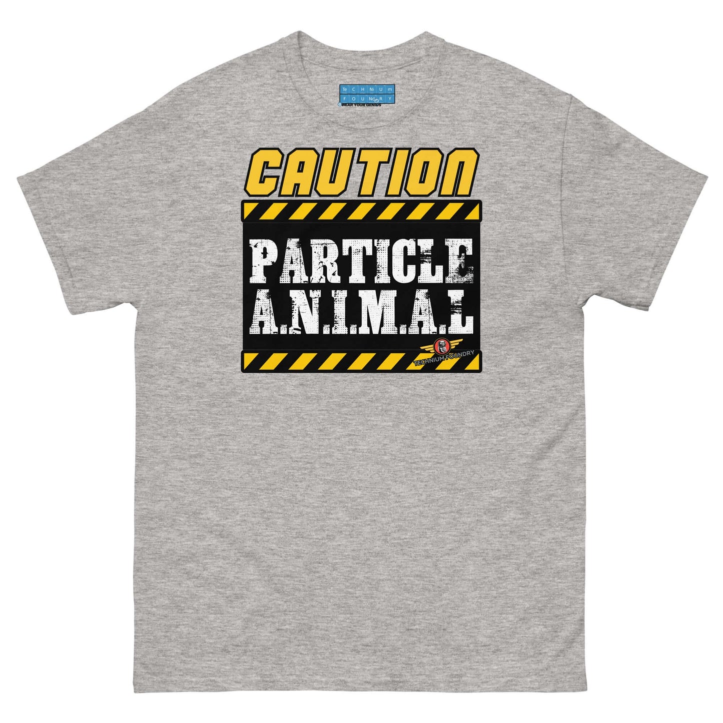 Particle Animal Caution Sign Physics T-Shirt | Science Humor Color: Sport Grey T-Shirt Size: S Apparel & Accessories Technium Foundry