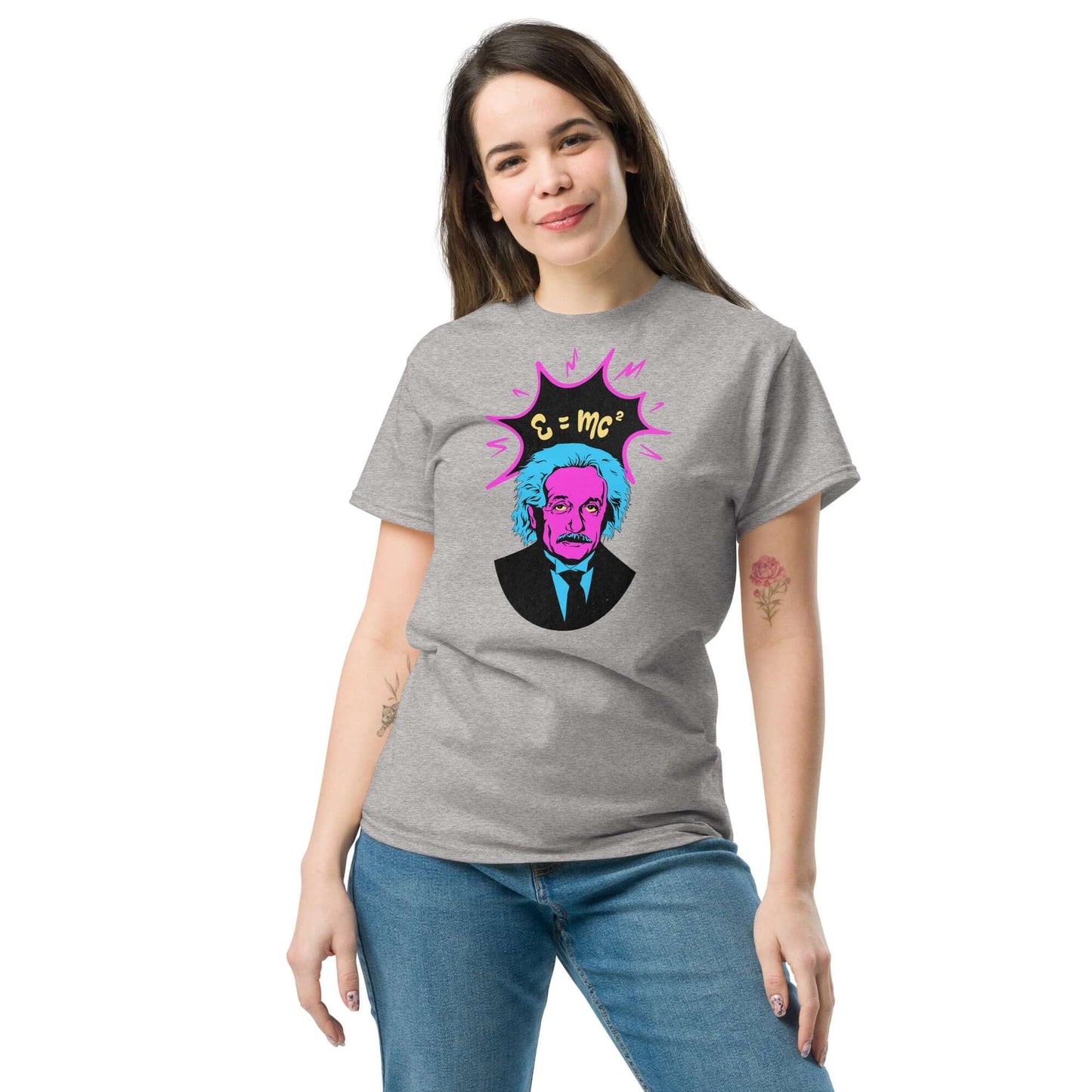 Woman wearing a neon pop art Einstein t-shirt featuring E=mc² design by Technium Foundry, blending science with cyber-punk style.