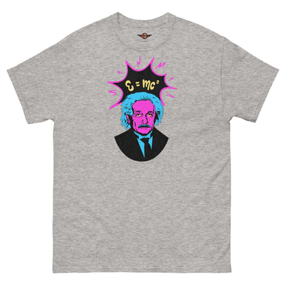 E=mc² Pop Art Einstein T-Shirt by Technium Foundry in neon pink and blue, featuring premium cotton blend.