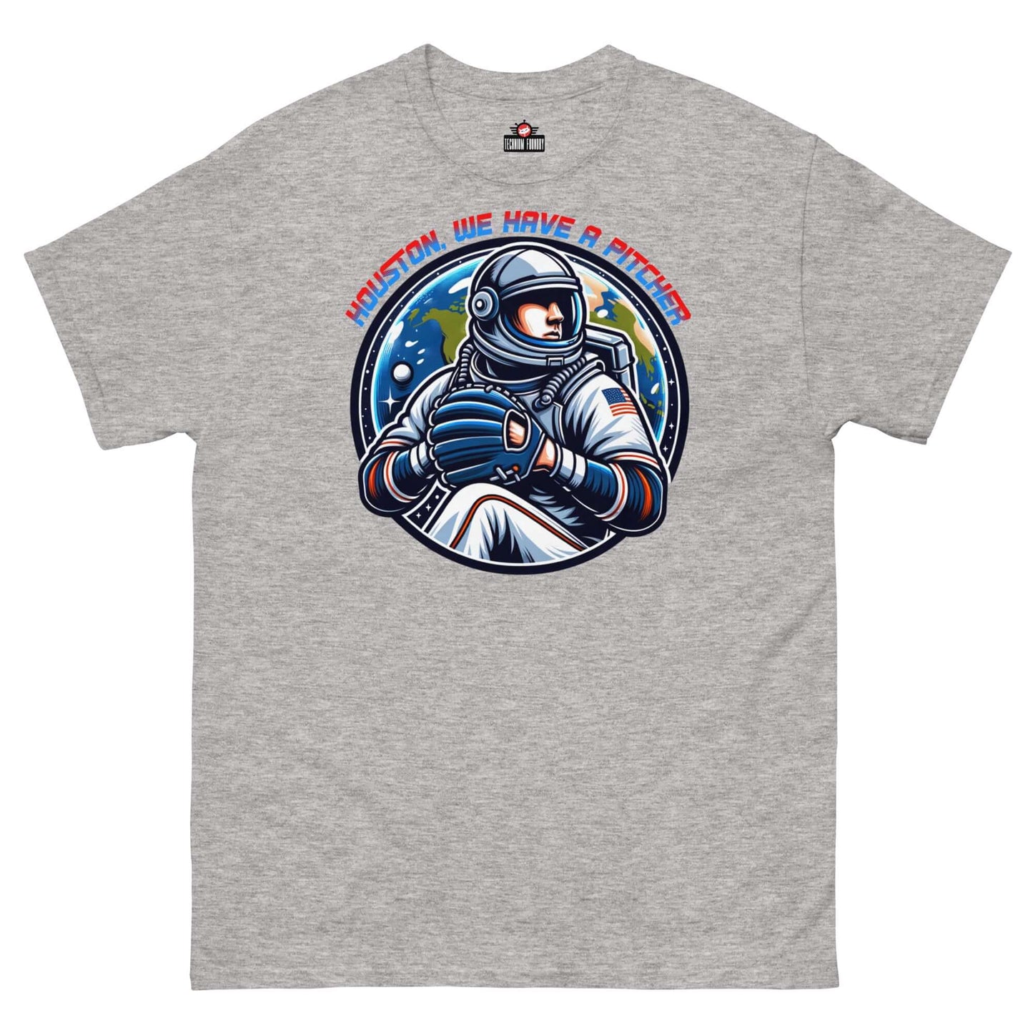 "Houston, We Have A Pitcher" T-shirt featuring space-themed baseball player by Technium Foundry.